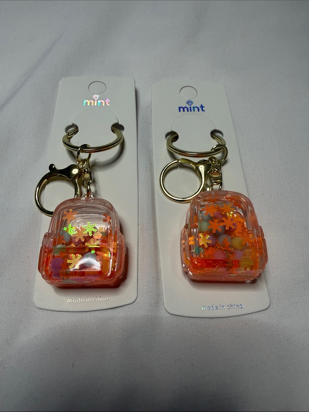 Set of 2 Mint Orange Glitter Mini Backpack Keyring with Gold Hardware